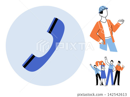 Telephone handset icon and professional team members vector illustration. Customer support, construction industry, corporate collaboration, business communication, teamwork, industrial labor. Handset Telephone handset icon and professional team members vector illustration. Customer support, construction industry, corporate collaboration, business communication, teamwork, industrial labor. Handset 142542613