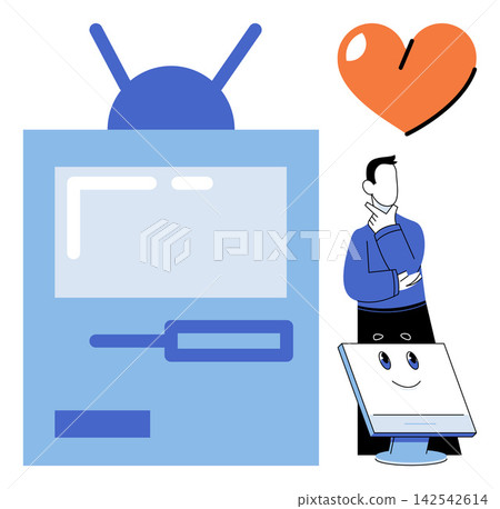 Man thinking near television and computer screen vector illustration. Technology, digital media, communication, entertainment, lifestyle, information. Person pondering beside electronic devices Man thinking near television and computer screen vector illustration. Technology, digital media, communication, entertainment, lifestyle, information. Person pondering beside electronic devices 142542614