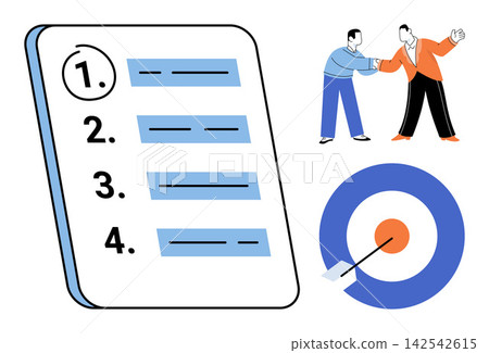 Checklist with numbered list, business partners shaking hands and target with arrow vector illustration. Strategy, goal setting, partnership, teamwork, planning, achievement. Task list Checklist with numbered list, business partners shaking hands and target with arrow vector illustration. Strategy, goal setting, partnership, teamwork, planning, achievement. Task list 142542615