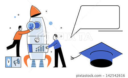 People building a rocket and graduation cap with speech bubble vector illustration. Education, startup, business growth, career development, academic success, knowledge. Team launching project 142542616