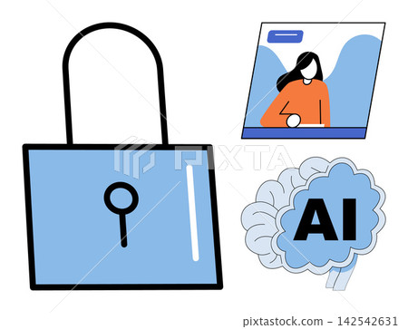 Padlock with human brain and digital user interface vector illustration. Cybersecurity, machine learning, data protection, online privacy, neural network, information safety. Locked technology icon 142542631