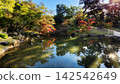 岡山後樂園，秋葉倒映在池塘的花園。 142542649