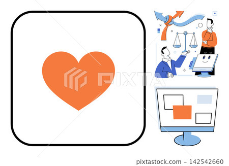 Orange heart icon and business people with scales vector illustration. Corporate strategy, legal justice, romantic love, digital communication, professional teamwork, web interface. Love symbol Orange heart icon and business people with scales vector illustration. Corporate strategy, legal justice, romantic love, digital communication, professional teamwork, web interface. Love symbol 142542660