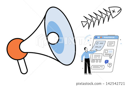 Megaphone with fish skeleton and person checking insurance document vector illustration. Financial loss, claim rejection, policy cancellation, bad news, business failure, insurance fraud. Loudspeaker Megaphone with fish skeleton and person checking insurance document vector illustration. Financial loss, claim rejection, policy cancellation, bad news, business failure, insurance fraud. Loudspeaker 142542721