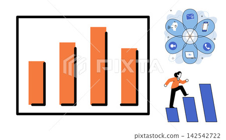 Bar chart with communication icons and a person climbing stairs vector illustration. Marketing, professional development, corporate strategy, digital networking, career advancement, success Bar chart with communication icons and a person climbing stairs vector illustration. Marketing, professional development, corporate strategy, digital networking, career advancement, success 142542722