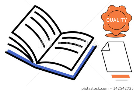 Open book with quality seal and document icon vector illustration. Education, literature, certification, business, documentation, publishing, academic research. Reading material and paper file Open book with quality seal and document icon vector illustration. Education, literature, certification, business, documentation, publishing, academic research. Reading material and paper file 142542723