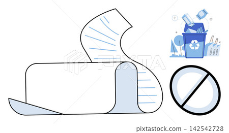 Paper roll, recycling bin, and prohibition sign vector illustration. Sustainability, waste management, environmental protection, ecology, garbage disposal, zero waste. Document scroll, trash can Paper roll, recycling bin, and prohibition sign vector illustration. Sustainability, waste management, environmental protection, ecology, garbage disposal, zero waste. Document scroll, trash can 142542728