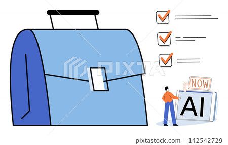 A person using an AI tablet next to a briefcase and checklist vector illustration. Innovation, digital transformation, business efficiency, workflow automation, productivity, future technology 142542729