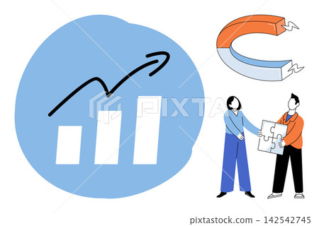 Growth chart with magnet and people assembling puzzle pieces vector illustration. Marketing, business development, teamwork, problem solving, strategy, success. Rising graph with team cooperation 142542745