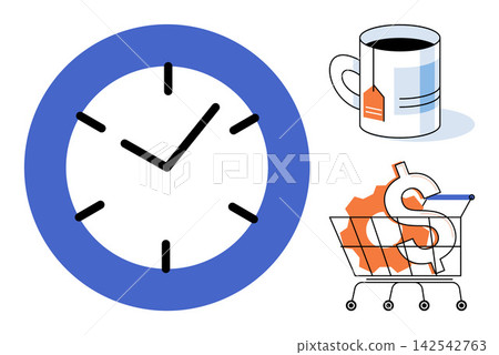 Clock cup and shopping cart with dollar sign vector illustration. Productivity, financial planning, retail, time management, coffee break, consumerism. Watch mug and trolley with currency Clock cup and shopping cart with dollar sign vector illustration. Productivity, financial planning, retail, time management, coffee break, consumerism. Watch mug and trolley with currency 142542763