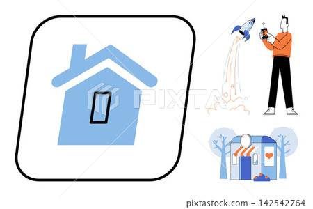 Collection of icons including a house, a person launching a rocket, and a storefront vector illustration. Startup, growth, commerce, residential, innovation, retail. Building, entrepreneur, store Collection of icons including a house, a person launching a rocket, and a storefront vector illustration. Startup, growth, commerce, residential, innovation, retail. Building, entrepreneur, store 142542764