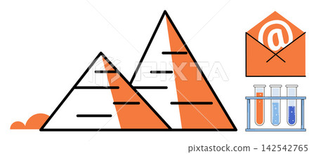 Pyramids with email envelope and test tubes vector illustration. Education, science, communication, research, history, digital marketing. Ancient structures with mail and chemistry equipment Pyramids with email envelope and test tubes vector illustration. Education, science, communication, research, history, digital marketing. Ancient structures with mail and chemistry equipment 142542765