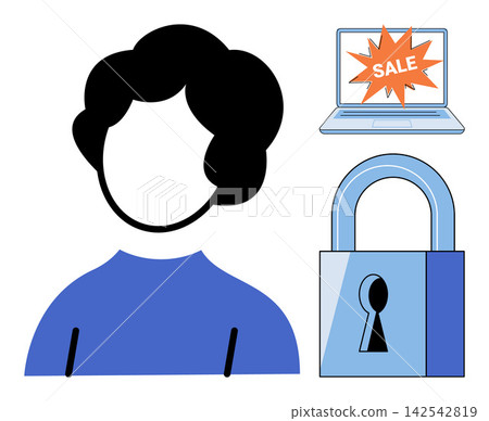 User profile with laptop and padlock vector illustration. E-commerce safety, digital privacy, account protection, secure transaction, cyber fraud, data encryption. Person icon with computer and lock User profile with laptop and padlock vector illustration. E-commerce safety, digital privacy, account protection, secure transaction, cyber fraud, data encryption. Person icon with computer and lock 142542819