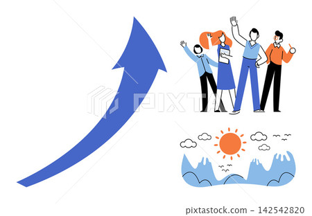 Group of people celebrating success with a rising arrow and landscape vector illustration. Teamwork, growth, achievement, progress, nature, motivation. Colleagues reaching goals and scenery Group of people celebrating success with a rising arrow and landscape vector illustration. Teamwork, growth, achievement, progress, nature, motivation. Colleagues reaching goals and scenery 142542820