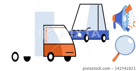 Transportation and logistics icons vector illustration. Delivery, supply chain, communication, search, tracking, fleet management. Cargo vehicles with megaphone and glass lens symbols Transportation and logistics icons vector illustration. Delivery, supply chain, communication, search, tracking, fleet management. Cargo vehicles with megaphone and glass lens symbols 142542821