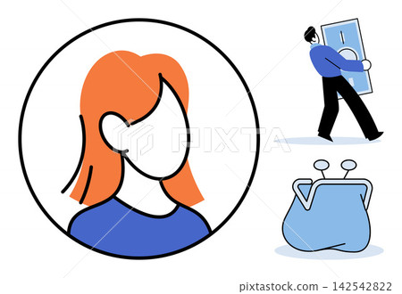 Woman avatar, man carrying money, and purse vector illustration. Financial planning, savings, banking, investment, wealth management, economy. Female profile, person holding cash wallet Woman avatar, man carrying money, and purse vector illustration. Financial planning, savings, banking, investment, wealth management, economy. Female profile, person holding cash wallet 142542822