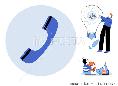 Telephone handset and people engaged in creative activities vector illustration. Customer support, business communication, brainstorming, education, childhood development, problem solving. Phone Telephone handset and people engaged in creative activities vector illustration. Customer support, business communication, brainstorming, education, childhood development, problem solving. Phone 142542832