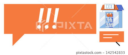 Speech bubble with exclamation marks and retail store icon vector illustration. Shopping, retail, commerce, notification, alert, consumerism. Chat balloon with warning signs and shop Speech bubble with exclamation marks and retail store icon vector illustration. Shopping, retail, commerce, notification, alert, consumerism. Chat balloon with warning signs and shop 142542833