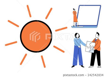 Sun icon and people working with laptop and puzzle pieces vector illustration. Teamwork, problem solving, digital communication, creative strategy, business growth, corporate success. Solar symbol Sun icon and people working with laptop and puzzle pieces vector illustration. Teamwork, problem solving, digital communication, creative strategy, business growth, corporate success. Solar symbol 142542834