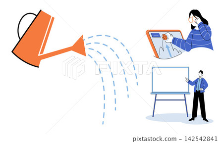 Watering can pouring water on business charts and a professional presenter vector illustration. Investment, development, financial growth, strategy, marketing, success. Irrigation of corporate data Watering can pouring water on business charts and a professional presenter vector illustration. Investment, development, financial growth, strategy, marketing, success. Irrigation of corporate data 142542841