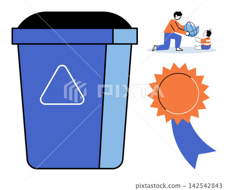 Recycling bin with a father playing with a baby and an award ribbon vector illustration. Sustainability, parenting, achievement, waste management, family bonding, success. Trash container, dad Recycling bin with a father playing with a baby and an award ribbon vector illustration. Sustainability, parenting, achievement, waste management, family bonding, success. Trash container, dad 142542843