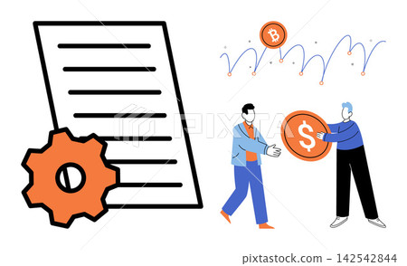 Business document with gear icon and people exchanging money vector illustration. Financial operations, corporate management, investment strategy, digital currency, workflow, trade. Paperwork 142542844