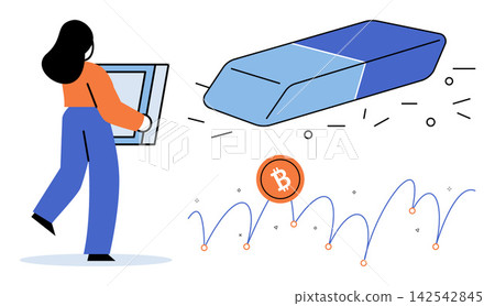 Woman erasing a bitcoin symbol from a financial chart vector illustration. Market crash, digital currency, investment loss, economic decline, financial risk, crypto bubble. Investor deleting virtual Woman erasing a bitcoin symbol from a financial chart vector illustration. Market crash, digital currency, investment loss, economic decline, financial risk, crypto bubble. Investor deleting virtual 142542845