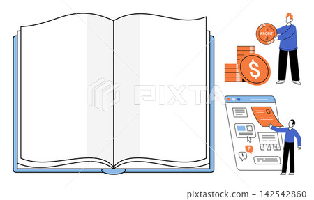Open book with business growth and financial planning elements vector illustration. Investment, profit, strategy, education, marketing, development. Blank pages with money and data icons 142542860