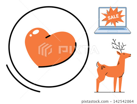 Heart symbol, laptop with sale sign, and deer standing vector illustration. E-commerce, wildlife, romance, shopping, nature, marketing, digital retail, animal, love discount promotion Love icon Heart symbol, laptop with sale sign, and deer standing vector illustration. E-commerce, wildlife, romance, shopping, nature, marketing, digital retail, animal, love discount promotion Love icon 142542864