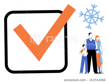 A family standing next to a large checkmark and snowflake icon vector illustration. Winter preparation, seasonal safety, family planning, cold weather, health protection, holiday checklist. People A family standing next to a large checkmark and snowflake icon vector illustration. Winter preparation, seasonal safety, family planning, cold weather, health protection, holiday checklist. People 142542866