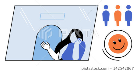 A customer service behind a glass window vector illustration. Client support, business communication, feedback, service quality, help desk, interaction. Employee working at a counter A customer service behind a glass window vector illustration. Client support, business communication, feedback, service quality, help desk, interaction. Employee working at a counter 142542867