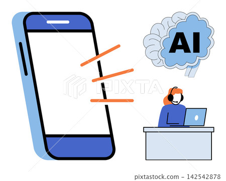 Smartphone with AI brain and support agent vector illustration. Technical assistance, digital communication, machine learning, remote service, automated help, virtual consultation. Phone Smartphone with AI brain and support agent vector illustration. Technical assistance, digital communication, machine learning, remote service, automated help, virtual consultation. Phone 142542878