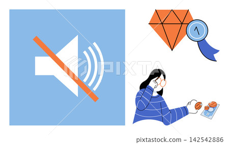 Mute sound icon, diamond award, and person checking coins vector illustration. Digital media, quality achievement, financial analysis, user interface, business success, savings. Speaker off symbol Mute sound icon, diamond award, and person checking coins vector illustration. Digital media, quality achievement, financial analysis, user interface, business success, savings. Speaker off symbol 142542886