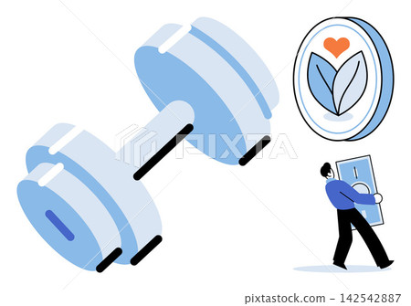 Dumbbell and person carrying money vector illustration. Wellness, financial planning, physical activity, wealth management, healthy lifestyle, investment strategy. Exercise equipment and capital Dumbbell and person carrying money vector illustration. Wellness, financial planning, physical activity, wealth management, healthy lifestyle, investment strategy. Exercise equipment and capital 142542887