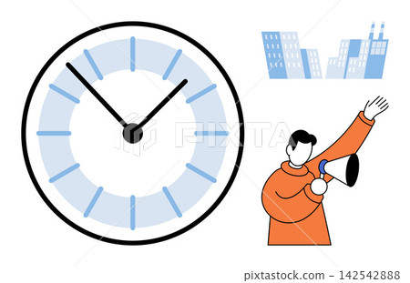 Clock and man with megaphone vector illustration. Business strategy, corporate communication, deadline, marketing, urban planning, time management. Watch and person using loudspeaker Clock and man with megaphone vector illustration. Business strategy, corporate communication, deadline, marketing, urban planning, time management. Watch and person using loudspeaker 142542888