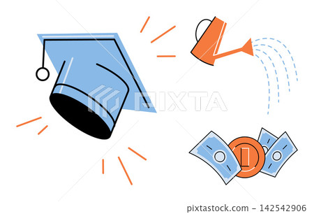 Graduation cap being watered with money vector illustration. Academic growth, financial investment, student loan, tuition funding, scholarship planning, future success. Mortarboard and cash 142542906