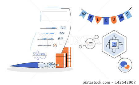 Business contract with fountain pen and AI technology icons vector illustration. Legal agreement, digital transformation, corporate onboarding, financial technology, innovation, automation. Document Business contract with fountain pen and AI technology icons vector illustration. Legal agreement, digital transformation, corporate onboarding, financial technology, innovation, automation. Document 142542907