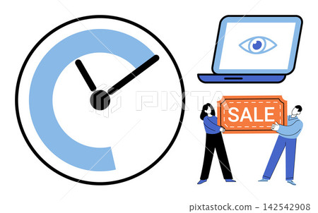 Clock laptop and people holding a sale sign vector illustration. E-commerce, time management, digital marketing, consumer behavior, retail strategy, seasonal promotion. Chronometer computer Clock laptop and people holding a sale sign vector illustration. E-commerce, time management, digital marketing, consumer behavior, retail strategy, seasonal promotion. Chronometer computer 142542908