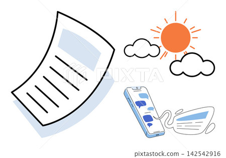 Weather report and smartphone messaging icons vector illustration. Daily planning, digital communication, meteorology, mobile technology, information exchange, remote connection. Climate data Weather report and smartphone messaging icons vector illustration. Daily planning, digital communication, meteorology, mobile technology, information exchange, remote connection. Climate data 142542916
