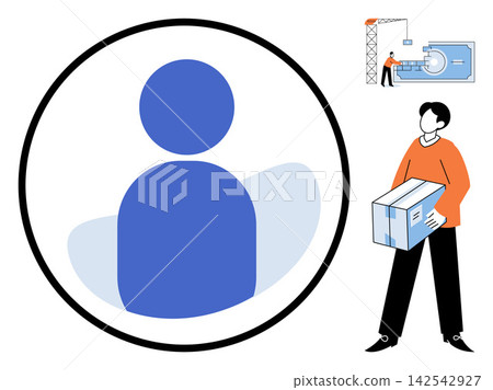 User profile icon and delivery worker carrying a cardboard box vector illustration. Logistics, shipping, e-commerce, customer service, supply chain, online order. Account symbol and courier User profile icon and delivery worker carrying a cardboard box vector illustration. Logistics, shipping, e-commerce, customer service, supply chain, online order. Account symbol and courier 142542927