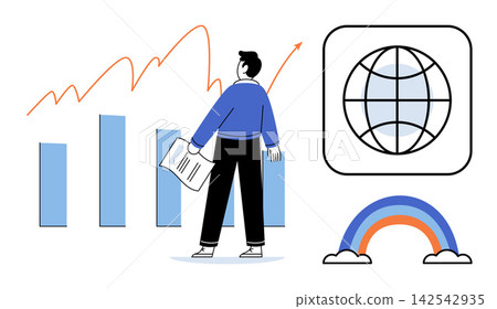 Man looking at rising financial bar charts and global icons vector illustration. Business growth, economic development, international trade, market analysis, investment strategy, success Man looking at rising financial bar charts and global icons vector illustration. Business growth, economic development, international trade, market analysis, investment strategy, success 142542935