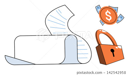 A document scroll with a padlock and currency symbol vector illustration. Data privacy, financial security, contract protection, banking safety, legal compliance, investment insurance. Paper sheet 142542958
