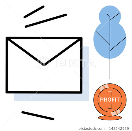 Envelope icon with a tree and profit coin symbol vector illustration. Marketing, corporate growth, financial success, digital communication, investment, business strategy. Mail message icon Envelope icon with a tree and profit coin symbol vector illustration. Marketing, corporate growth, financial success, digital communication, investment, business strategy. Mail message icon 142542959