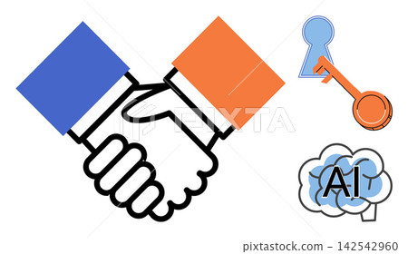 Handshake with key and brain AI icon vector illustration. Business cooperation, digital security, machine learning, data protection, technology partnership, innovation. Agreement with lock Handshake with key and brain AI icon vector illustration. Business cooperation, digital security, machine learning, data protection, technology partnership, innovation. Agreement with lock 142542960