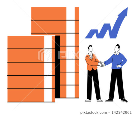 Two businessmen shaking hands next to a rising graph vector illustration. Partnership, corporate growth, financial success, business deal, investment, professional agreement. Partners greeting Two businessmen shaking hands next to a rising graph vector illustration. Partnership, corporate growth, financial success, business deal, investment, professional agreement. Partners greeting 142542961