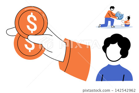 Hand holding dollar coins, father with child, and portrait avatar vector illustration. Savings, investment, parenting, family budget, wealth management, personal growth. Currency and people Hand holding dollar coins, father with child, and portrait avatar vector illustration. Savings, investment, parenting, family budget, wealth management, personal growth. Currency and people 142542962