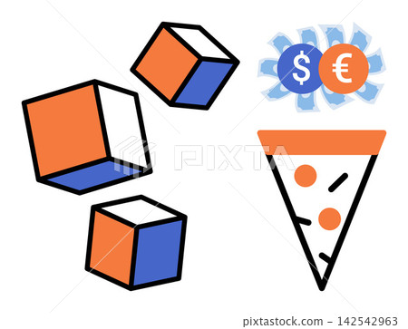 Geometric cubes, currency symbols, and a pizza slice vector illustration. Business finance, food delivery, investment, fast food, logistics, commerce. Shapes, money signs snack graphic Geometric cubes, currency symbols, and a pizza slice vector illustration. Business finance, food delivery, investment, fast food, logistics, commerce. Shapes, money signs snack graphic 142542963