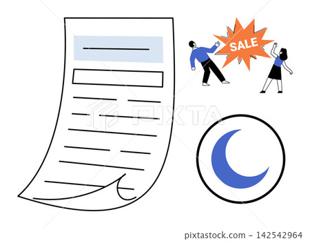 Business document, sale promotion, and night mode icons vector illustration. Marketing, commerce, shopping, interface, night, notification. Paper sheet discount event moon symbol Business document, sale promotion, and night mode icons vector illustration. Marketing, commerce, shopping, interface, night, notification. Paper sheet discount event moon symbol 142542964