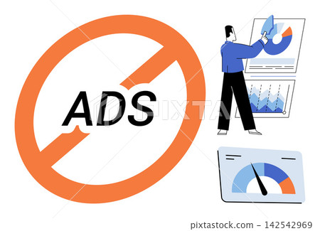 No ads sign with a person analyzing business charts and performance metrics vector illustration. Marketing, advertising, data analysis, business growth, strategy, digital performance. Prohibited 142542969