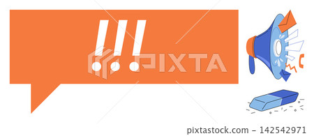 Speech bubble with exclamation marks, megaphone, and eraser vector illustration. Marketing, advertising, promotion, feedback, correction, communication. Orange chat box with loudspeaker icon Speech bubble with exclamation marks, megaphone, and eraser vector illustration. Marketing, advertising, promotion, feedback, correction, communication. Orange chat box with loudspeaker icon 142542971